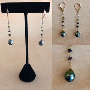 Tahitian Pearl 18k Gold Leverback Earrings w/Gems